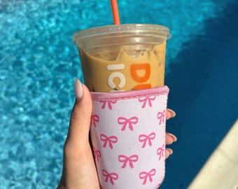 Pink Ribbon Bows Coffee Sleeve, Flowers Coquette Iced Coffee Coozies