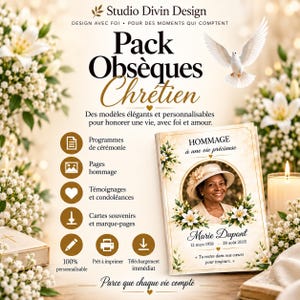 May include: A digital funeral program template set titled Pack Obsèques Chrétien featuring a white dove, floral accents, and a portrait of a person wearing a hat. The text includes Marie Dupont, dates, and memorial phrases in French.