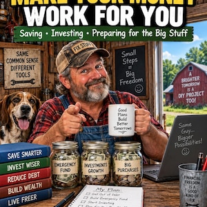 May include: A book cover titled Redneck Repair Guy Financial Series Book 4 Make Your Money Work For You. It features a person in a plaid shirt and cap holding a mug with text, three glass jars labeled Emergency Fund, Investments Growth, and Big Purchases, a notepad with a financial plan, a laptop, and a dog.