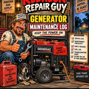 May include: A Redneck Repair Guy generator maintenance log book cover featuring a cartoon repair person with a wrench, a portable generator, a dog, a red fuel can, and a clipboard with checklists. Text includes "Keep the power on" and "Log it, service it, keep it ready."