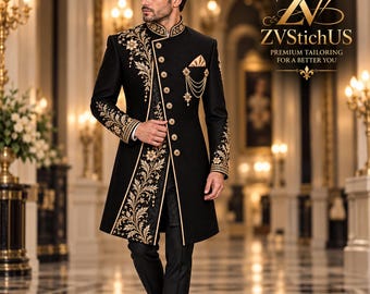 Black Gold Embroidered Prince Coat, Mens Wedding Sherwani, Royal Groom Suit, Luxury Formal Jacket, Pakistani Wedding Wear