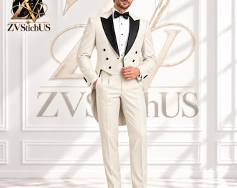 Heren smoking met lange achterkant, ivoorkleurige trouwsmoking, koninklijke bruidegomsoutfit, luxe avondkleding
