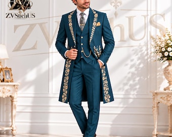 Smoking da sposo, abito vittoriano, frac color verde acqua, abito da sposo ricamato in oro, abbigliamento formale reale