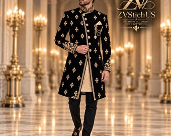 Men’s Black Sherwani, Gold Embroidered Wedding Coat, Royal Prince Jacket, Formal Groom Outfit, Traditional Indian Wedding Wear
