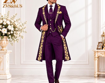 Può includere: Un abito a tre pezzi color viola intenso composto da un cappotto lungo, un gilet e pantaloni. Il cappotto e il gilet sono decorati con ricami floreali dorati lungo i revers e i bordi anteriori. Include una cravatta viola, una clip e una catena dorata.