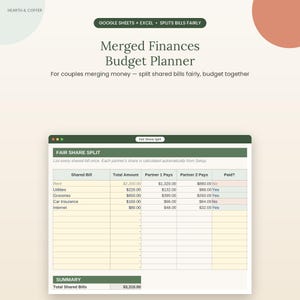 May include: A digital Merged Finances Budget Planner for Google Sheets and Excel. The interface displays a Fair Share Split table with columns for shared bills, total amounts, partner payments, and payment status, plus a total shared bills summary.