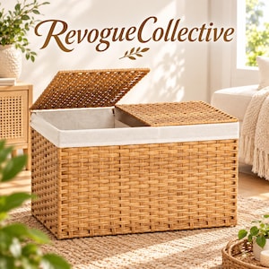 May include: A rectangular storage chest made of light brown woven material with a white fabric liner. The chest features two hinged lids, one of which is open. The text RevogueCollective is displayed in brown script above the storage chest.