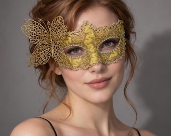Maskeradmask med fjärilsspetsklädsel, accessoar för ögonen med strass, elegant balklänning