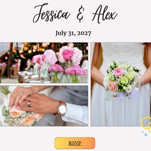 Könnte beinhalten: Eine Hochzeitseinladungskarte mit dem Text Jessica & Alex und July 31, 2027. Sie enthält drei Fotos: einen Tisch mit rosafarbenen Blumenarrangements, einen Strauß aus weißen und rosa Blumen sowie zwei Hände mit Eheringen.