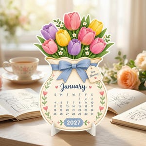 May include: A die-cut desk calendar for January 2027 shaped like a vase filled with pink, yellow, and purple tulips. The vase features a blue ribbon bow, a small tag reading Keep Blooming, and a floral border. The calendar displays the month, year, and days.