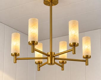 Solid Brass Alabaster Chandelier, 6 Light Modern Ceiling Fixture, Natural Stone Pendant, Luxury Dining Room Lighting