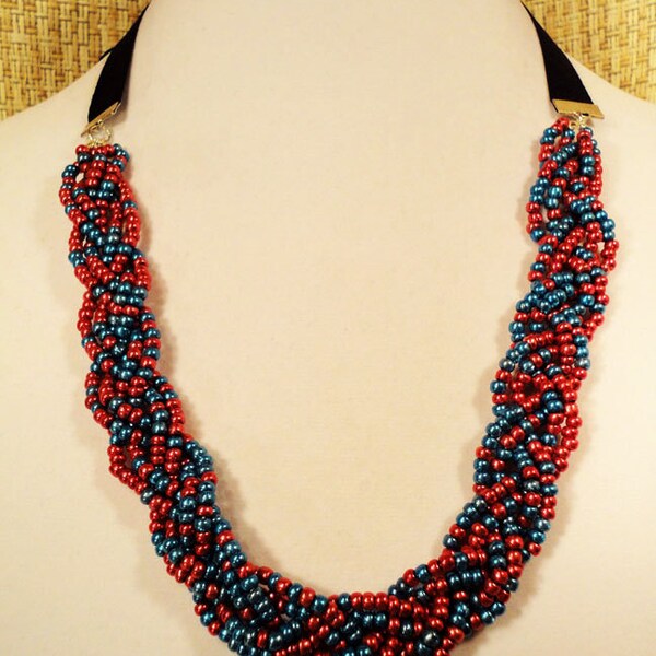 Red & Blue Braided Bead Necklace
