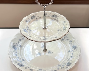 Vintage Johann Haviland Blue Garland 2-Tier Porcelain Serving Stand, Platinum Trim Tea Tray