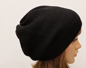 Black handmade slouch beanie, knitted fall hat, knit beanie, knitted from Alpaca blend beanie hat