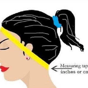 May include: Illustration of a woman's head with a yellow measuring tape across the head. The text reads "Measuring tape inches or cm". The woman has black hair pulled back in a ponytail with a blue hair tie.