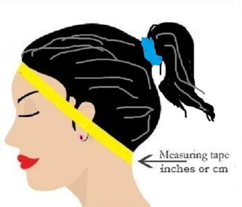 May include: Illustration of a woman's head with a yellow measuring tape across the head. The text reads "Measuring tape inches or cm". The woman has black hair pulled back in a ponytail with a blue hair tie.