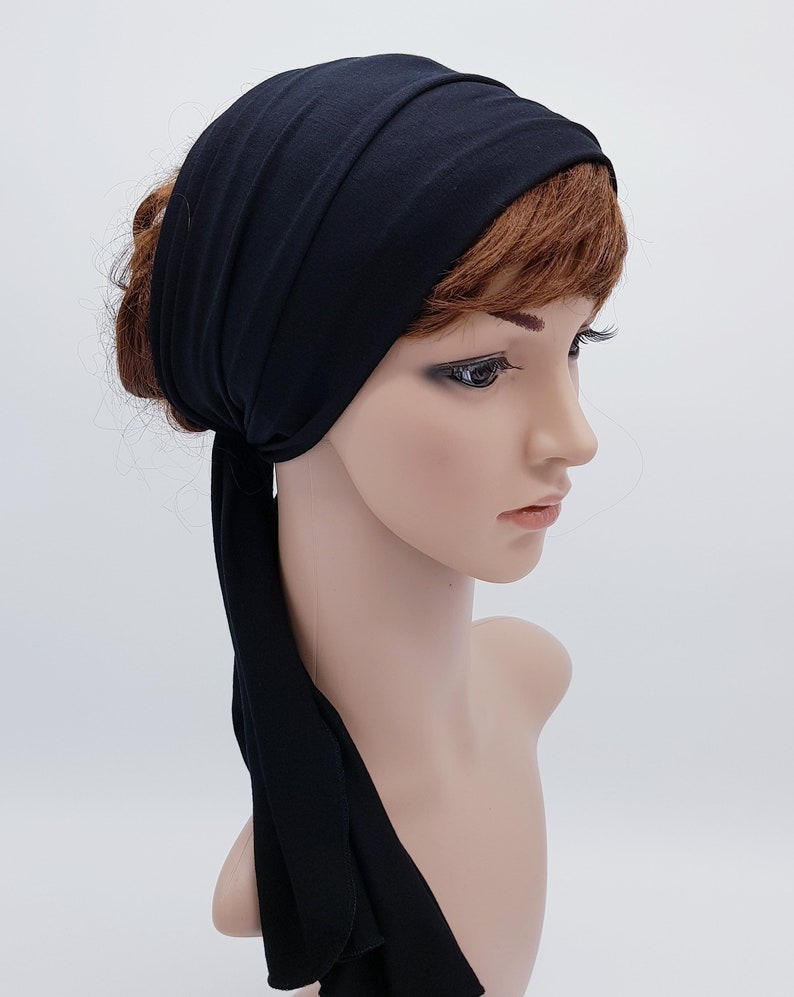 Black headband, self tie wide head scarf, stretchy hair tie, head wrap, viscose jersey hair wrap, hair bandanna, 120 x 25 cm image 3