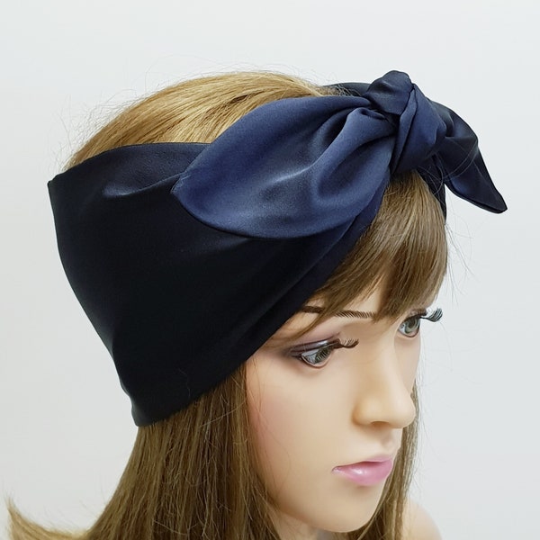 Navy blue satin hair scarf, natural curly hair wrap, rockabilly hair scarf, dolly bow style headband, extra wide hair tie, satin head scarf