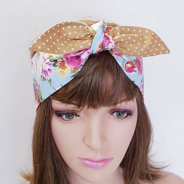 Summer cotton headband, women's head bandanna, self tie hair scarf, rockabilly headband, pin up style head scarf