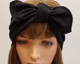 Black cotton jersey headband, extra wide top knot headscarf, hair wrap, self tie hair scarf, dolly bow tie up headscarf, rockabilly bandanna