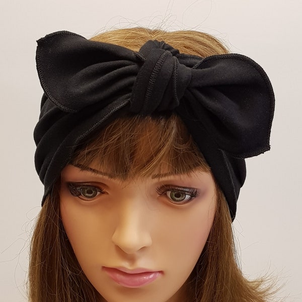 Black cotton jersey headband, extra wide top knot headscarf, hair wrap, self tie hair scarf, dolly bow tie up headscarf, rockabilly bandanna