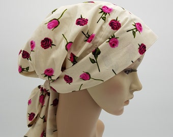 Cotton head covering for women, lined head snood, tichel, bonnet with long ties