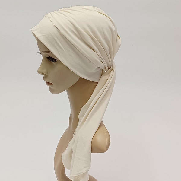 Lightweight chemo headwear, pre - shaped turban snood with ties, bad hair day scarf, cream viscose jersey head wear, stretchy head scarf