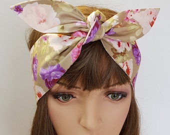 Cotton headband, floral hair scarf, rockabilly headband, 50s style  headband, pin up style head scarf, top tie headband