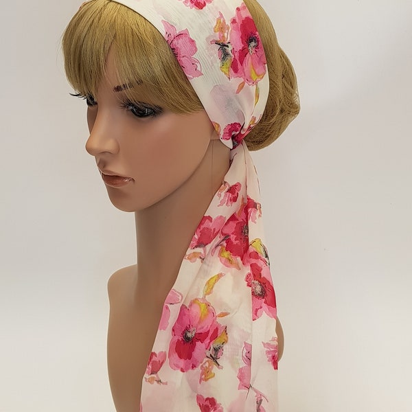 Floral chiffon hair covering, messy hair day head scarf, extra wide hair scarf, summer headband, head scarf, neck scarf 140 x 30 cm