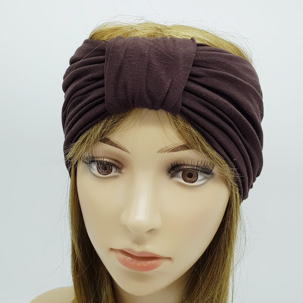 Bandeau en jersey de viscose extensible, bandeau turban noué sur le devant, large bandeau de sport, bandeau turban à nœud supérieur marron chocolat