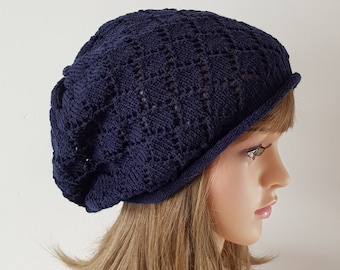 Marineblau gestrickte Spitze Hut, handgemachte baggy Baskenmütze, Strickmütze für Frauen, Herbst Tam, leichte Beanie Mütze