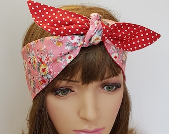 Summer headband, rockabilly tie up headscarf, cotton hair tie, pin up style headband, skinny bandanna, cotton hair scarf, self tie scarf