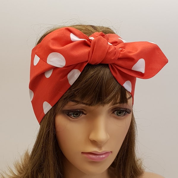 Red and white polka dot hair wrap, extra wide self tie headband, dolly bow look head wrap, retro pin up style head scarf, handmade bandanna