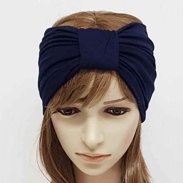 Bandeau de turban bleu marine, large bandeau extensible, turban noué avant, bandeau de nœud supérieur en jersey viscose