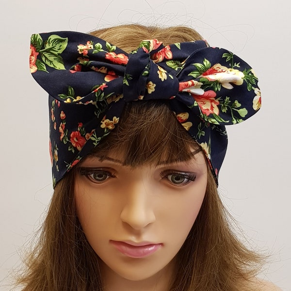 Extra wide cotton headband, floral top knot  hair scarf, dolly bow self tie head scarf, swing pin up style hair tie, hair wrap