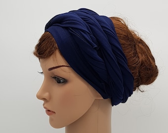 Navy Blue Viscose Jersey Head Scarf, Self Tie Headband