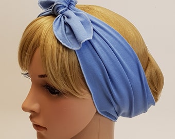 Blue Viscose Jersey Tie Headband, Stretchy Hair Scarf