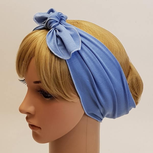 Blue Viscose Jersey Tie Headband, Stretchy Hair Scarf