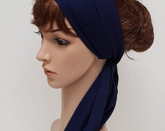 Navy Blue Headband, Wide Stretchy Hair Scarf, Long Head Scarf