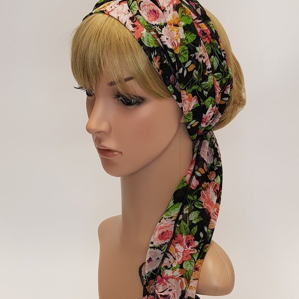 Lightweight chiffon head scarf,  extra long floral hair wrap, hair scarf, head wrap, summer hair tie, headband