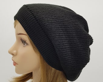 Béret noir, béret baggy tricoté, chapeau slouchy noir, béret fait main, chapeau d'automne, tam élégant, béret tricoté, bonnet baggy tricoté, fabriqué à partir d'acrylique