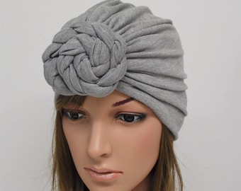 Grey Knotted Turban Hat, Stretchy Viscose Jersey, Elegant Fashion Headwear