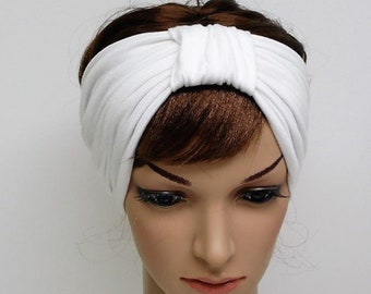 White turban headband, top knot turban, wide stretchy headband for women, viscose jersey front knotted headband