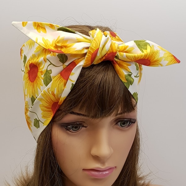 Top tie rockabilly headband, extra wide tie up head scarf, pin up hair tie, hair bandanna, cotton hair scarf, sunflower head wear