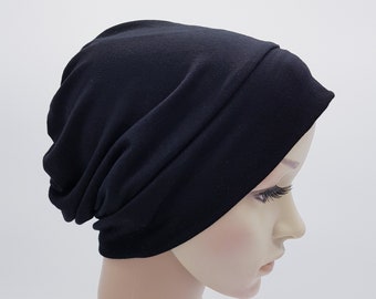 Stretchy beanie, black chemo cap, viscose jersey beanie, chemo headwear, hair loss head covering, surgical nurse hats and caps
