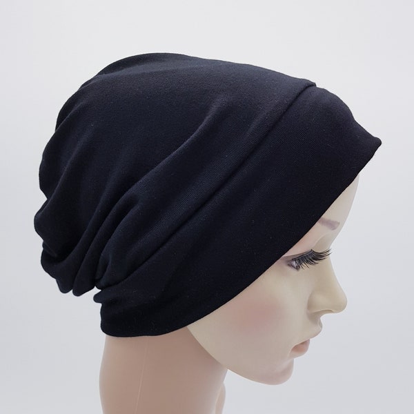 Stretchy beanie, black chemo cap, viscose jersey beanie, chemo headwear, hair loss head covering, surgical nurse hats and caps