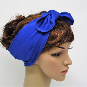 Tie up headband, royal blue head scarf, pin up hair scarf, rockabilly headband, hair bandanna, viscose jersey stretchy hair tie