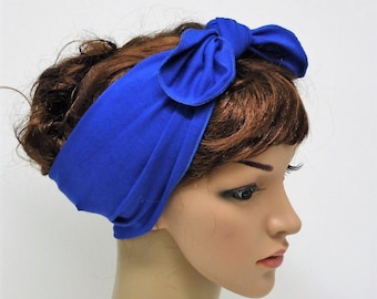 Tie up headband, royal blue head scarf, pin up hair scarf, rockabilly headband, hair bandanna, viscose jersey stretchy hair tie