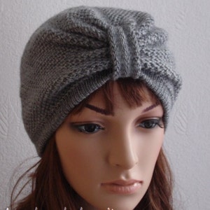 Women's turban, handmade knitted turban hat, women's hat, elegant grey turban, knit turban, front knotted turban, made from acrylic