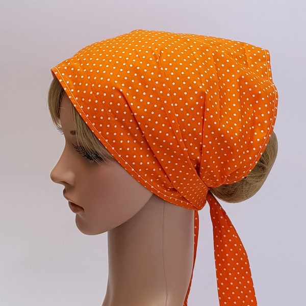 Orange and white polka dot hair cover for women, extra wide hair scarf, cotton hair bandanna, self tie head wear, summer headband, hair wrap